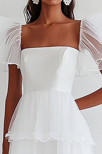 White A Line Square Neck Ruffled Long Wedding Dress with Short Sleeves